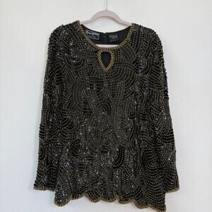 Robert Anthony Silk Beaded Sequin Black Gold Top‎ Blouse Evening 2X India